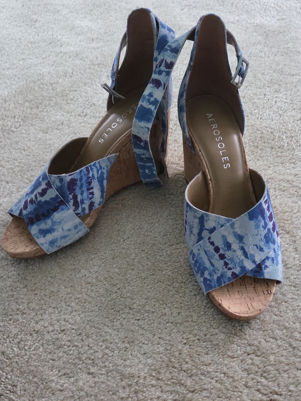 AEROSOLES Size 7 LEATHER Blue Patterned Slingback Cork Wedges